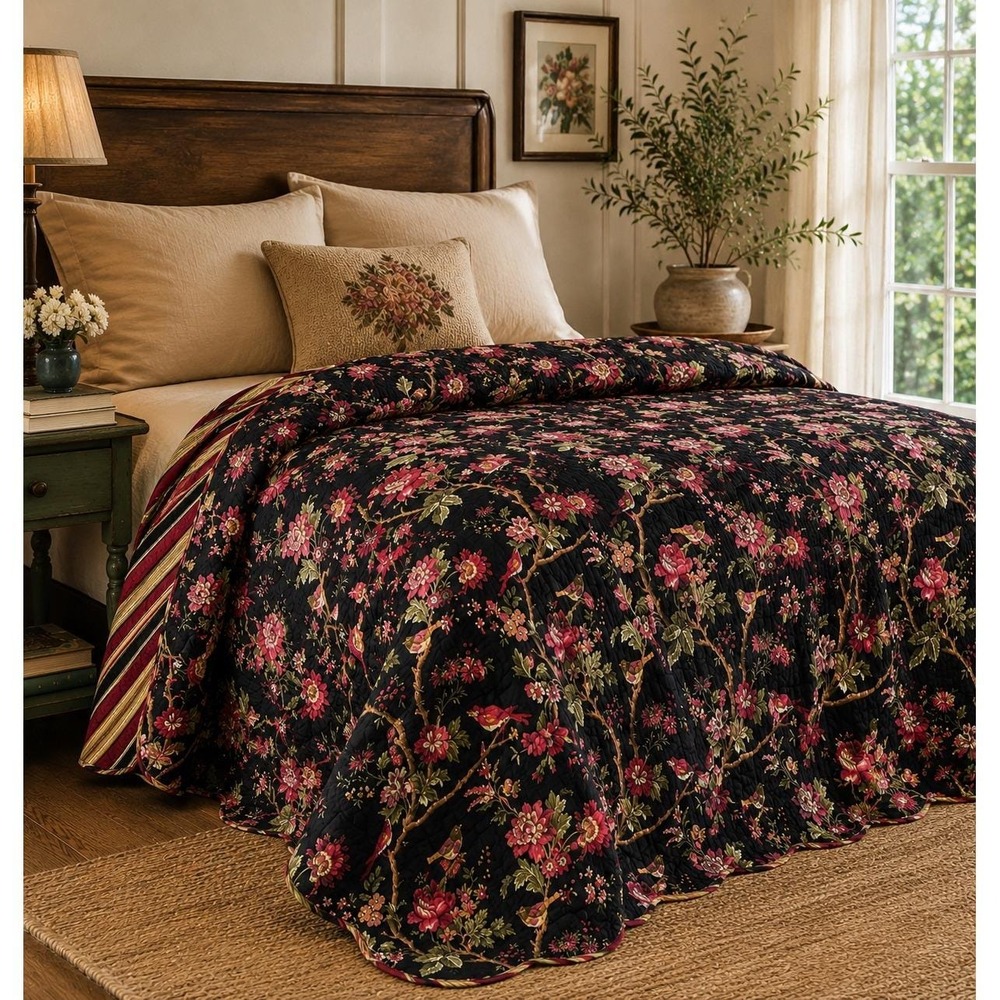 Waverly Floral Bird Quilt Black Cottagecore Bedding Reversible Full Queen 84x88